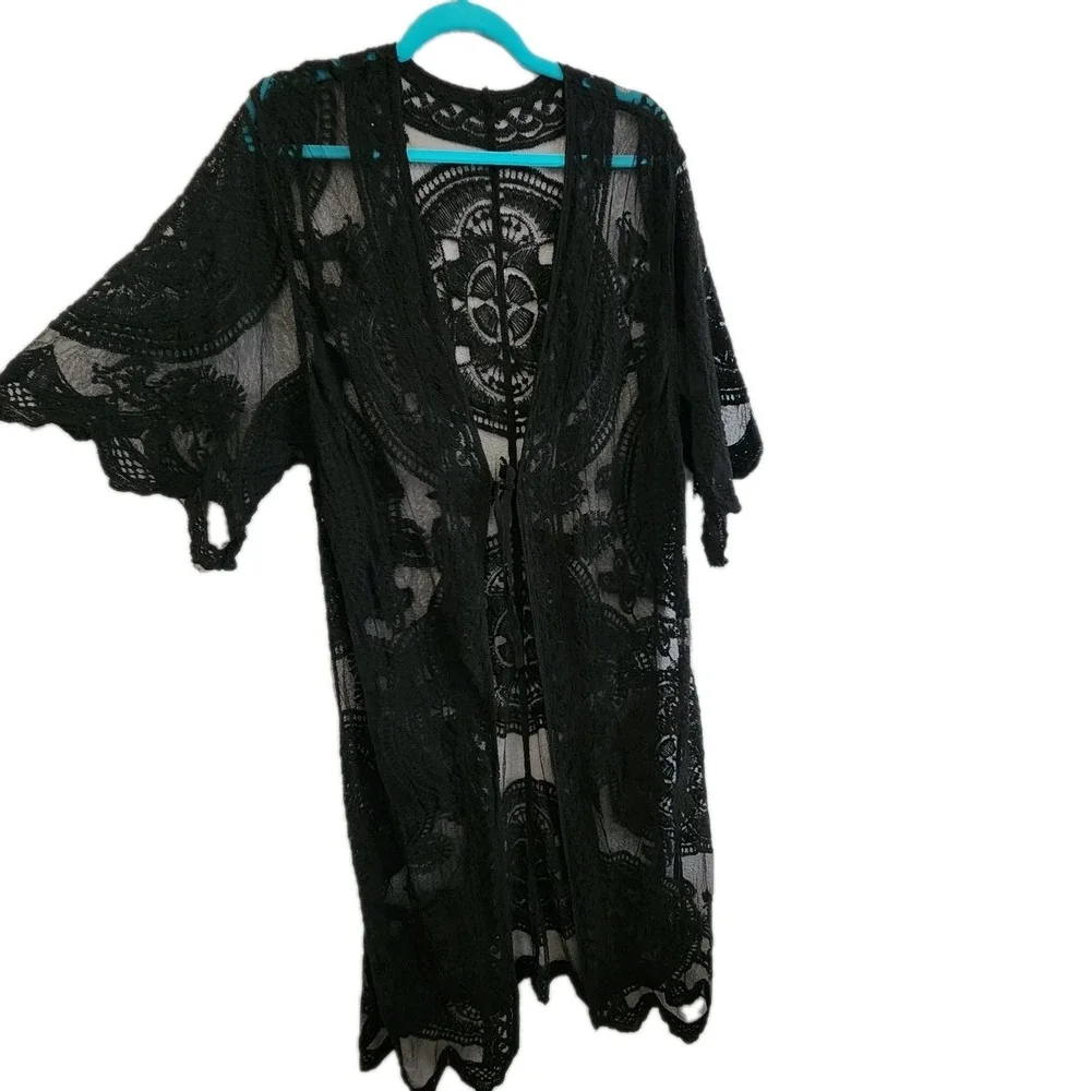 Black Lace Cardigan Mesh Open Front Witchy Whimsigoth Dark Fairy Beach Coverup M - Picture 2 of 7